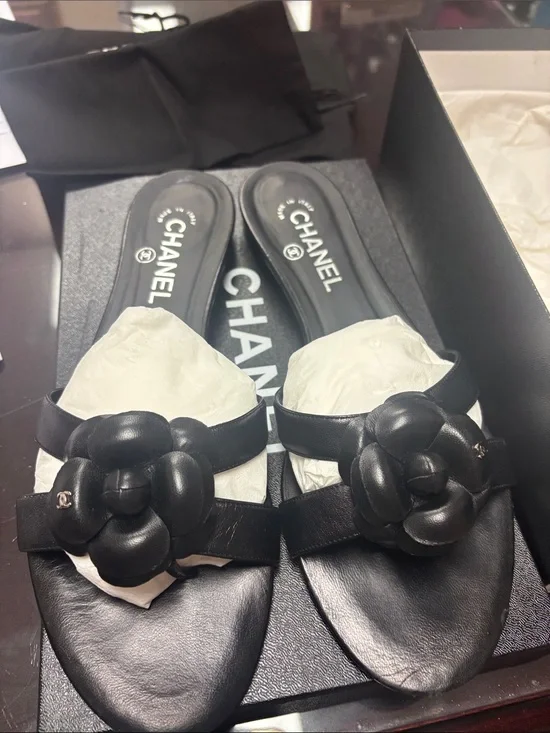CHANEL Black Leather Camellia Slide Sandals