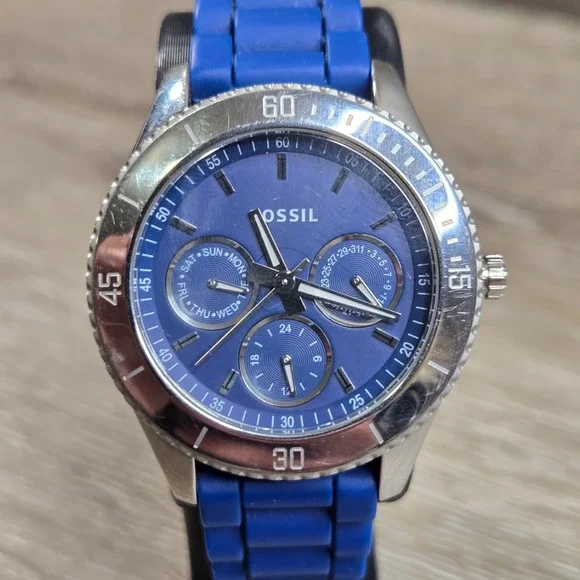 Fossil Stella ES2872 Womens Blue Multifunction Watch Blue Silicone Band Day Date