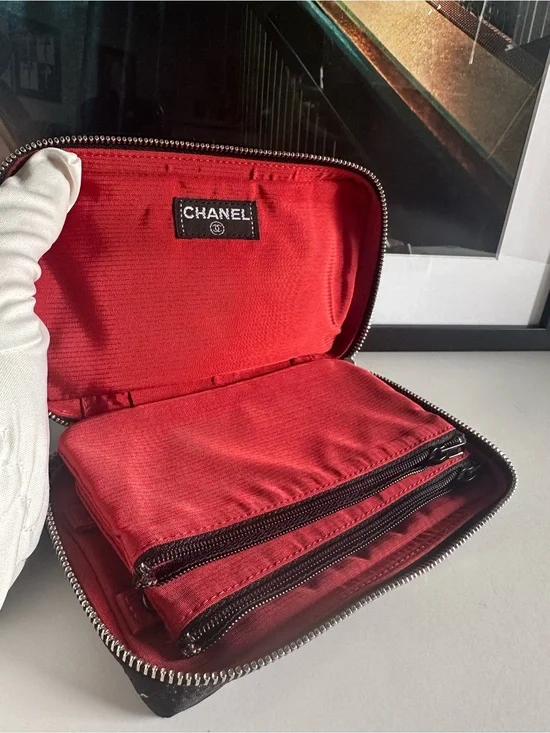 CHANEL Vintage Travel Line Jewelry Case Pouch Black Nylon Zip Organizer A11824