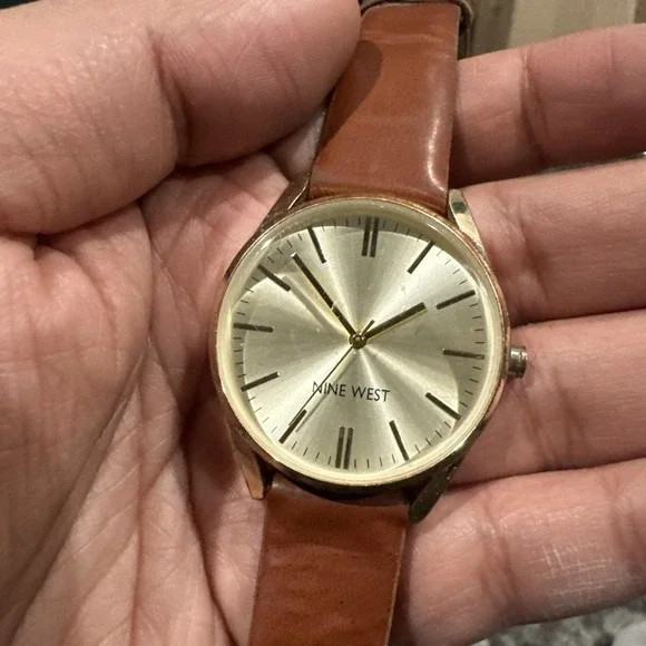 Working Nine West‎ Unisex Watch Gold Tone 36mm Fit 7.5 Brown Leather New Battery