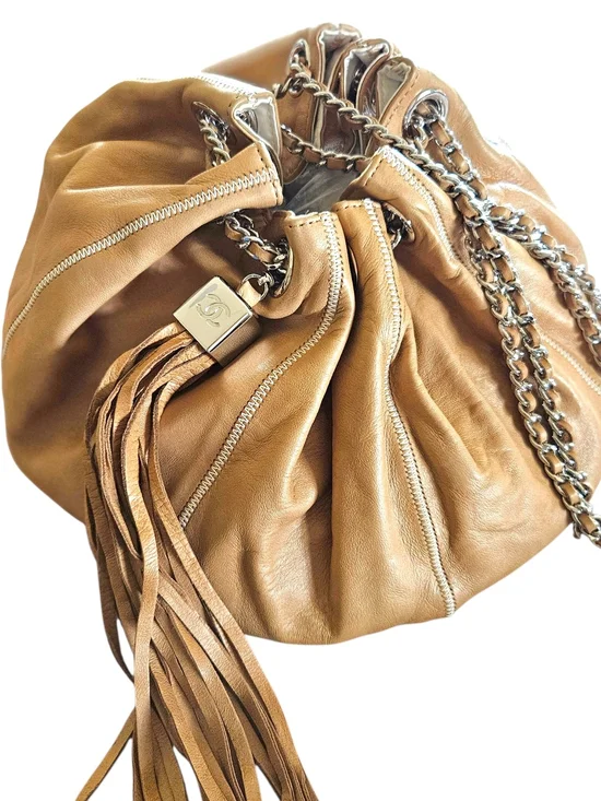 Chanel Reversible Sac Cordon Tan Leather Fringe Drawstring Chain Shoulder Bag