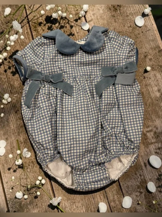 NEW!!  Edgehill Collection Blue and White Gingham Baby Romper with Velvet Collar