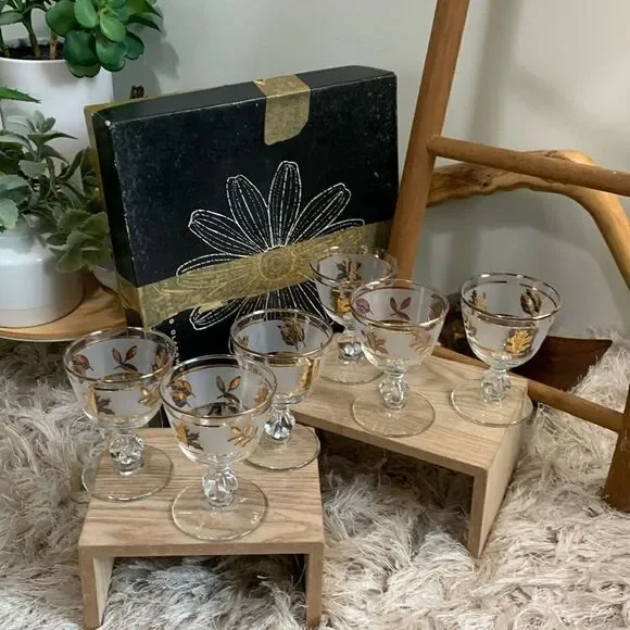 Vintage Golden Foliage‎ Libby 8982 4oz Cocktail Glasses Set Of 6 Made In USA