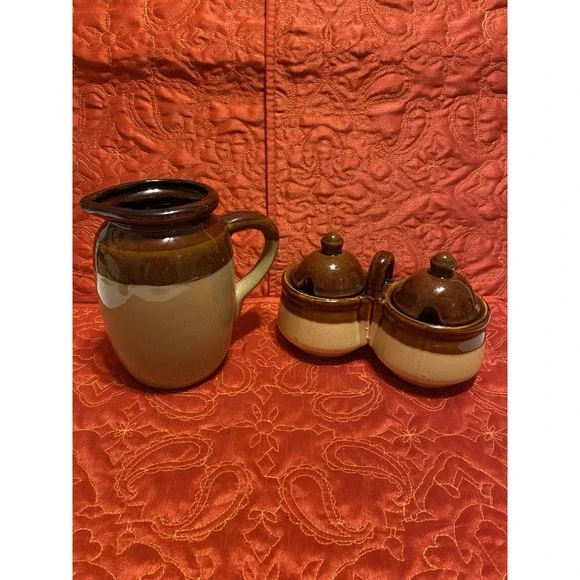 Vintage Brown Stoneware Milk Pitcher, Condiment Holder, Early‎ 20th Century