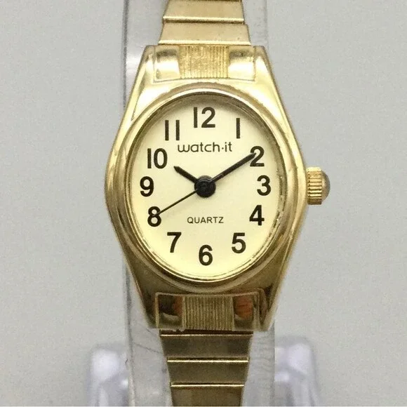 Watch-It Womens Watch 19mm White Dial Gold Tone Stretch Band New Battery