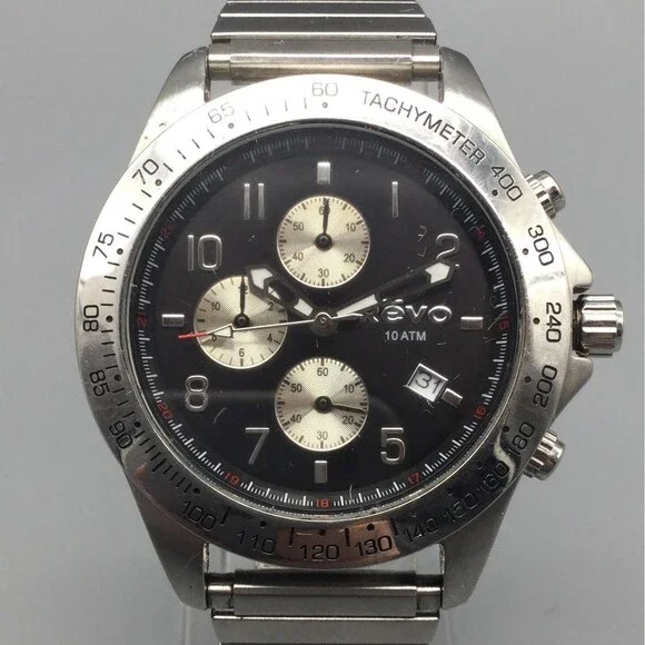 REVO Mens Watch 41mm Black Dial Silver Tone Chronograph RV1004 New Battery