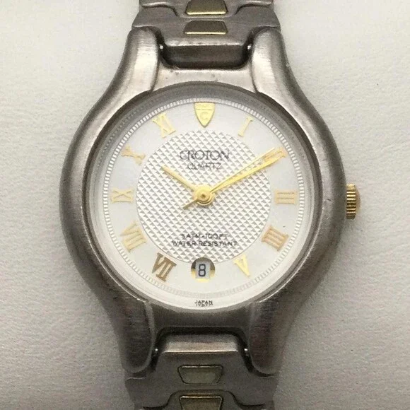 Croton Womens Watch 27mm 23k Gold Plated Two Tone Steel Date New Battery 7.25