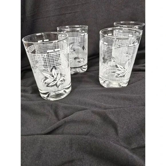 Vintage Mid Century White Frosted Leaf Grid‎ Juice Glasses Set of 4 Clear Retro