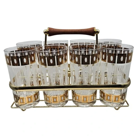 Set of 8 MCM Fred Press Frosted 22Kt Trim High Ball Glasses in‎ a Brass Caddy