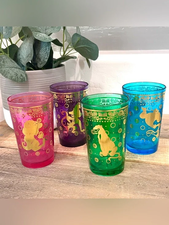 Disney Aladdin Moroccan Tea Cup Glasses Set of 4 Jewel Tones Gold Trim 8oz