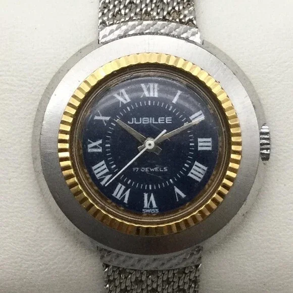 Jubilee Womens Watch 29mm Silver Tone Mesh Band Blue Dial 17 Jewels Swiss
