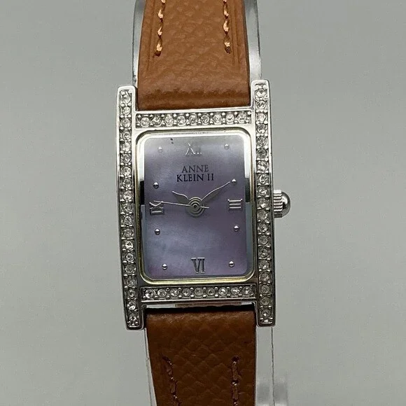Anne Klein II Womens Watch 17mm Purple Crystal Bezel Brown Leather New Battery