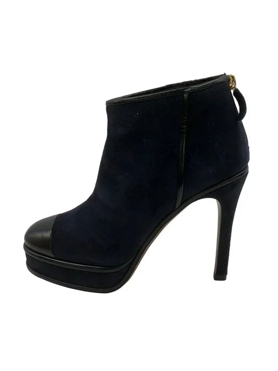 Chanel Booties 38.5 C Dark Navy Leather Boot