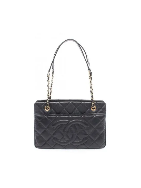 Chanel Tote Quilted Black Caviar Leather CC Logo Chain