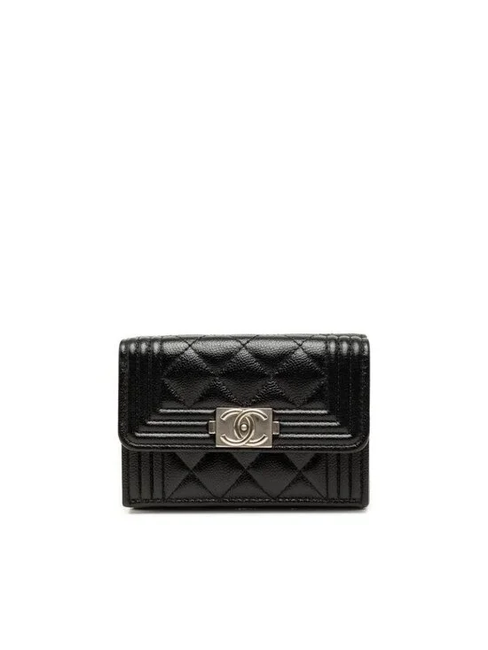 Chanel Boy CC Logo Small Mini Wallet Trifold Flap Black Caviar Leather