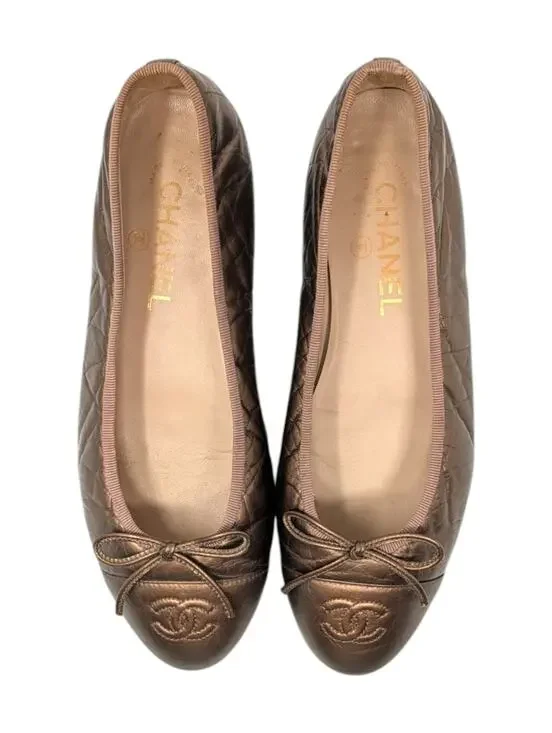 Chanel Ballet Flat Ballerina CC Logo Cap Toe Metallic Bronze Leather 38 | 7.5