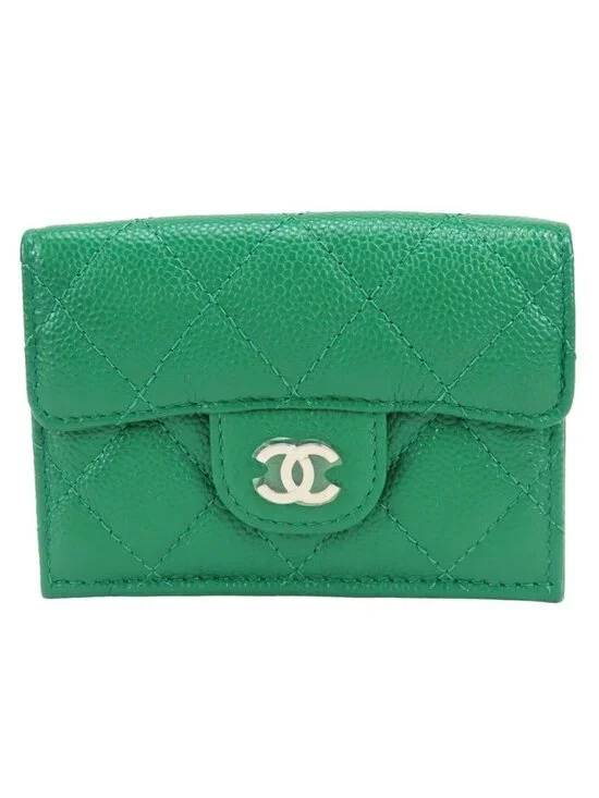 Chanel Trifold Wallet Compact Quilted CC Logo Caviar Leather Green Silver 30