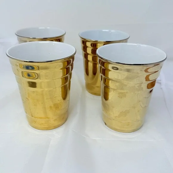 BLKSMITH Ceramic‎ Gold Tumbler Cups Set of 4 Metallic Ribbed Party Drinkware