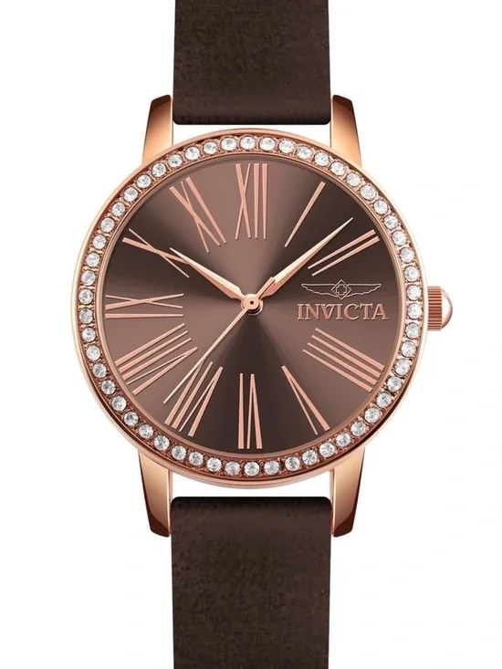 Invicta Celestial Rose Gold and Brown Crystal Bezel Leather Strap Watch 31mm