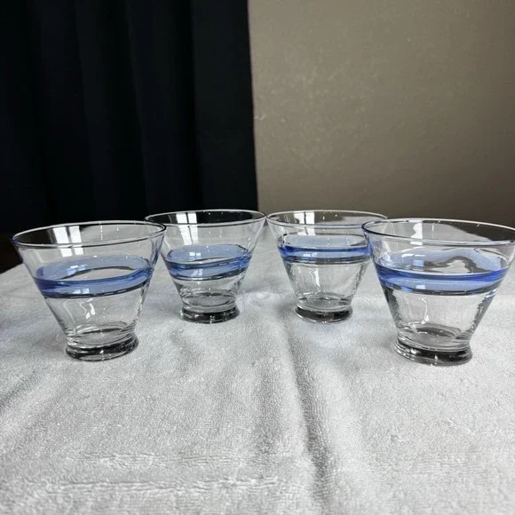 Vtg Murano Crystal Blue Swirl Cocktail Cosmo Stemless‎ Martini Glasses- Set Of 4