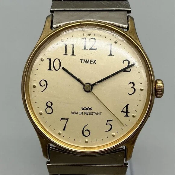Vintage Timex 1970s Mens Watch 33mm Gold Tone Stretch Band Manual Wind