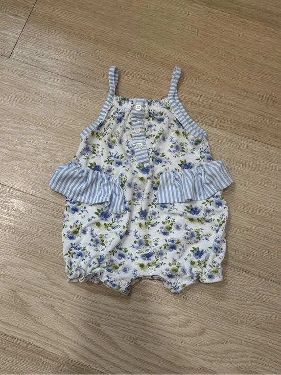 Mudpie Baby Girl Blue/White Floral/Stripe Ruffled Bamboo Knit Romper 3-6 Months