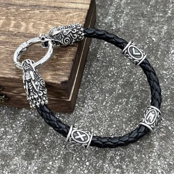 Braided Black Leather Bracelet with Silver Accent Beads