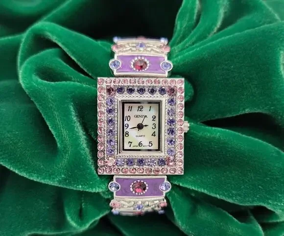 Vintage Geneva Rhinestone Watch Purple Enamel Silver Stretch Cuff WORKING