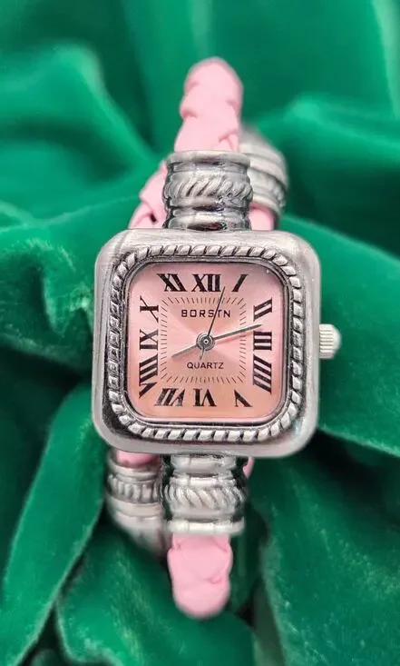 Vintage Borstn Pink Braided Wrap Watch Antique Silver Cable Cuff WORKING