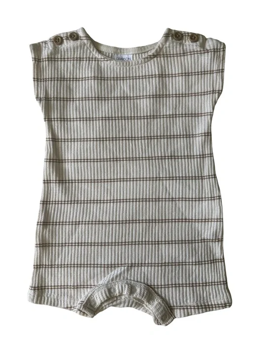 Grayson Mini Ribbed romper in Cream with Brown Stripes neutral baby one piece