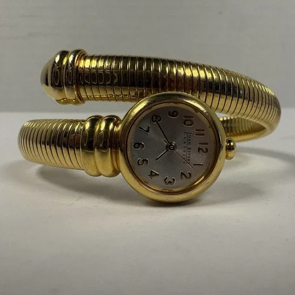VINTAGE Joan Rivers Watch Snake Wristbands Cuff Foiled Gold Tone WORKING New Bat