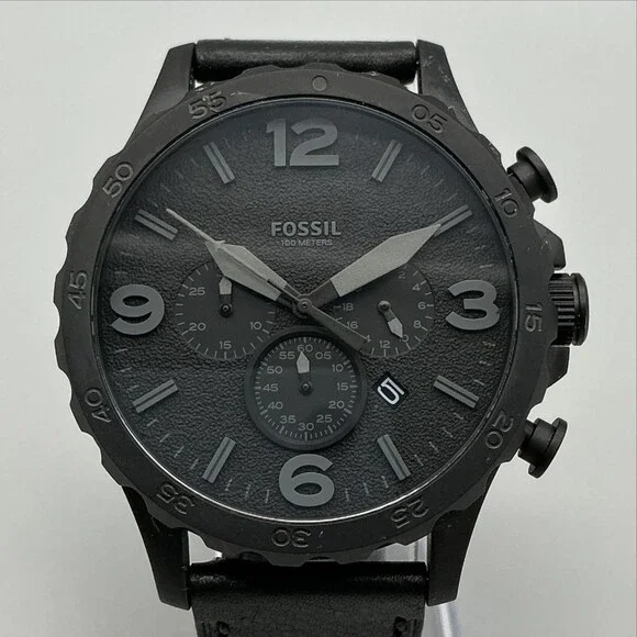 Fossil Nate Chronograph JR1354 Mens Watch 50mm Black Dial Leather New Battery