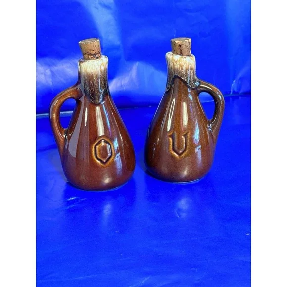 Vtg McCoy Oil & Vinegar Cruets‎ Brown Drip Glaze No Stoppers Set V & O 5