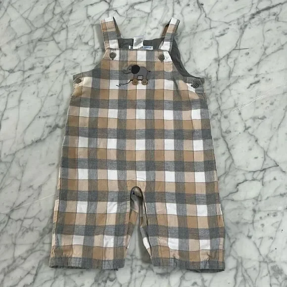 Janie and Jack Elephant Plaid Romper Sz 0-3 Mo