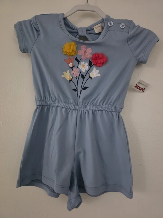 btween Light Blue Floral Applique One-Piece Romper
