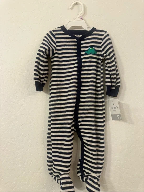 Carter's Navy & White Striped Footed One-Piece with Green Dino