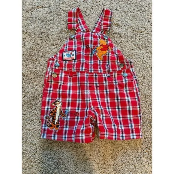Vintage Disney Winnie the Pooh Plaid Shortalls Embroidered Baby Outfit 6-9 Month