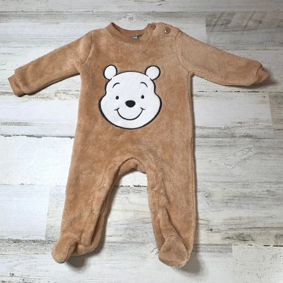 RARE HTF Disney Baby Winnie the Pooh Romper 0-3M Brown‎ Full Face Plush Fleece