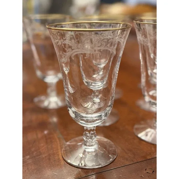 Golden Lace by Fostoria‎ Iced Tea Glasses Set of 8 Vintage Water Etched w/h Gold