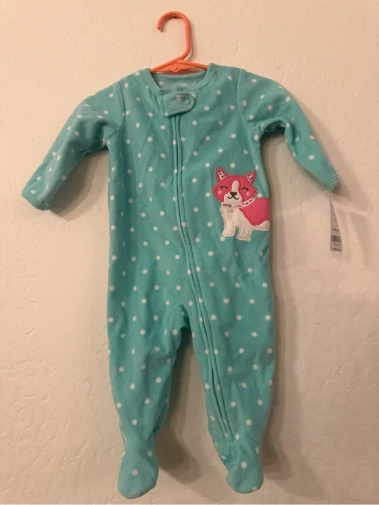 Carter's Teal Polka Dot Footed One-Piece with Pink Fox Patch
