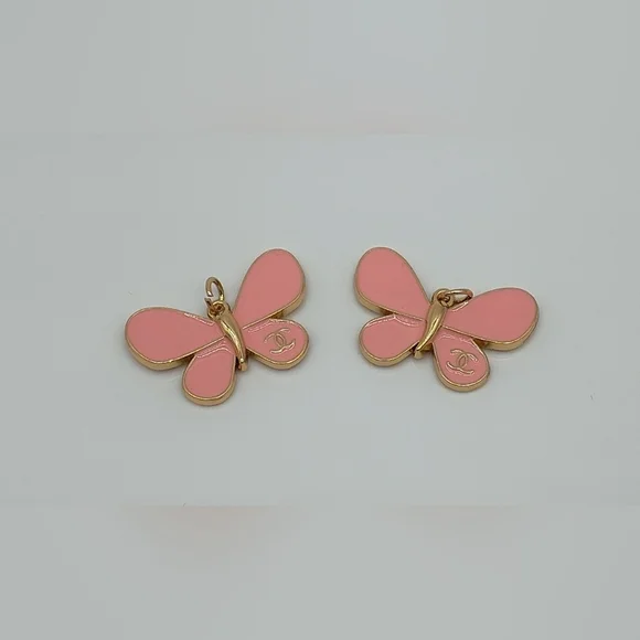 CHANEL Pink Enamel Butterfly Charms Set of 2 Karl Lagerfeld Era Signed Gold Tone