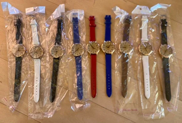 GENEVA Woman's Quartz Watch Lot: Gold Tone - Black, White, Blue Bands - 9 pc set