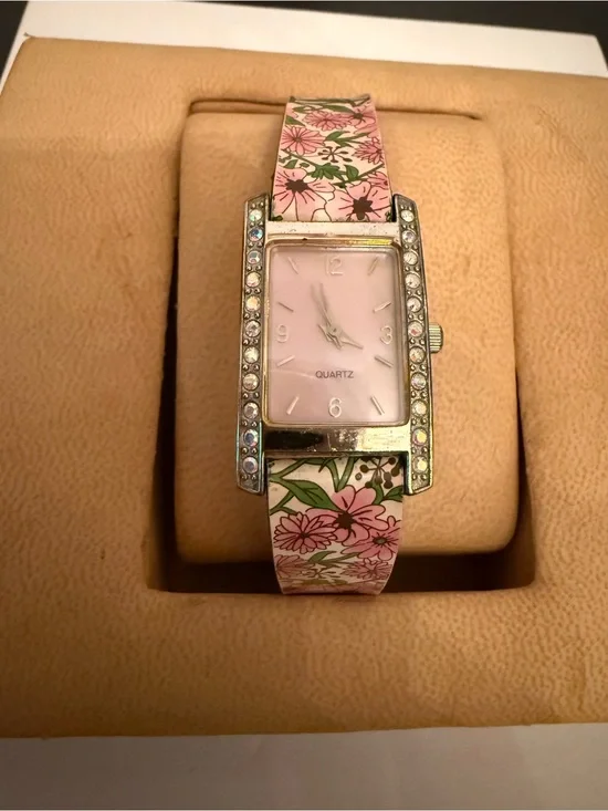 Avon Vtg. Pink Floral Crystal-Trim Women's Watch