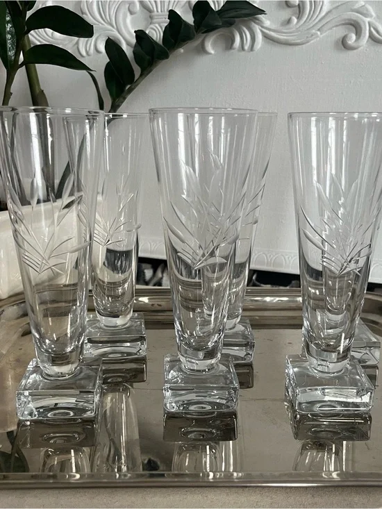 Unique Vintage Clear Etched Square-Base Flute Glasses