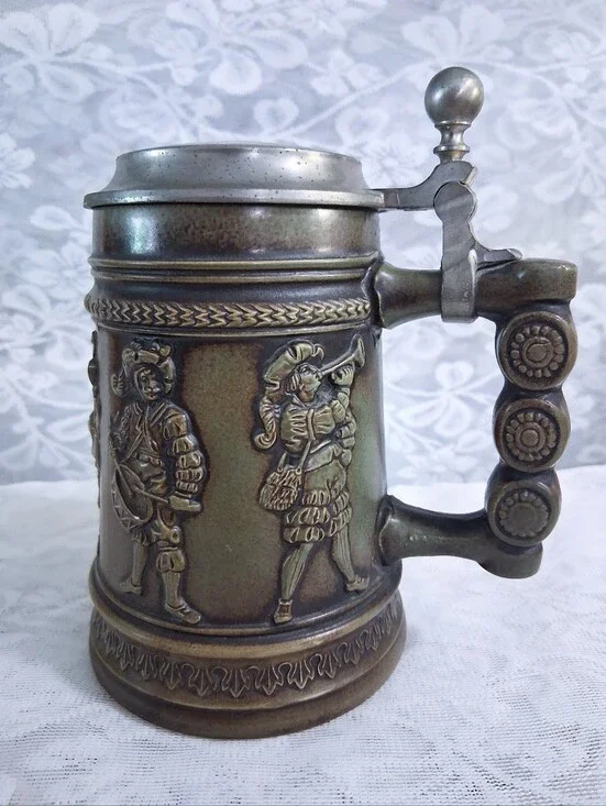 Vintage German Landsknecht Stein Pottery & Pewter Beer Mug DBGB