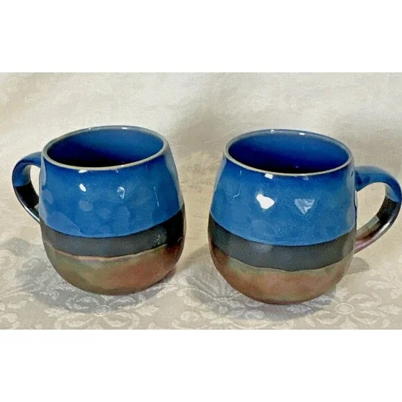Set 2 Signature Housewares Sarah Mugs Iridescent Metallic Blue Bronze Stoneware