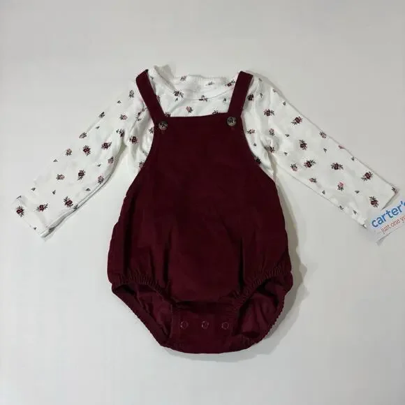 Carter's Baby Girl's Floral Bubble Romper Long Sleeve T-Shirt Burgundy Red 9m