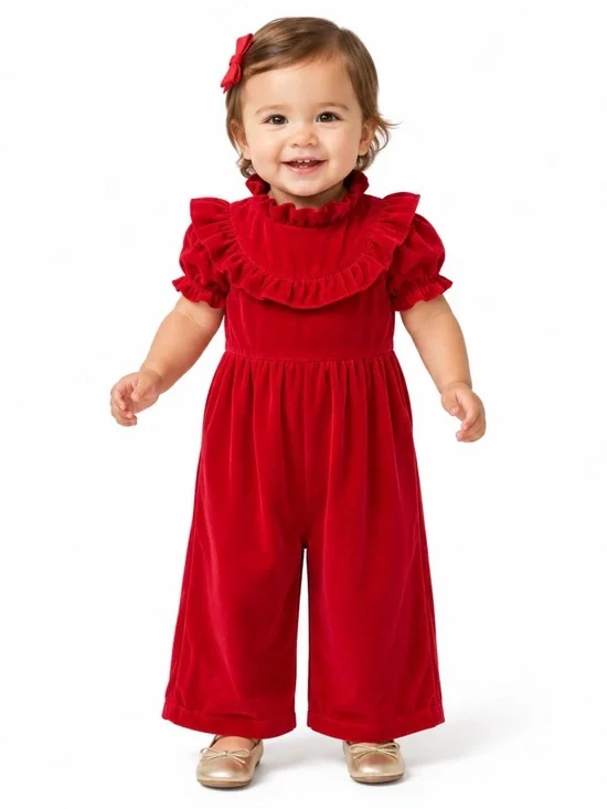 Janie and Jack Red Velvet Ruffle-Trim One-Piece Romper