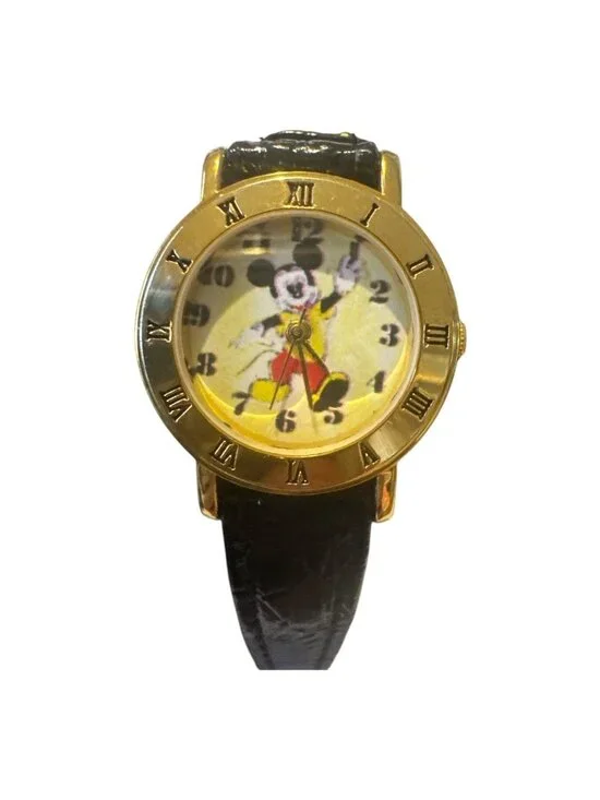 Vintage Mickey Mouse Watch With Roman Numerals & Black Leather Band Gold-Tone Ca