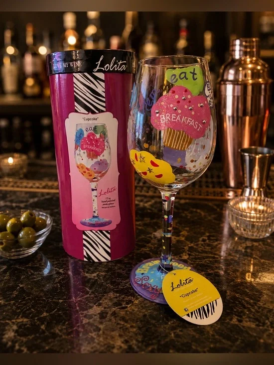 Lolita Cupcake Wine Glass 15oz Hand Painted Collectible NIB Recipe Glass Barware